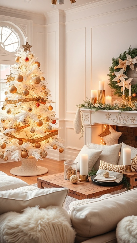 A cozy living room with a white Christmas tree decorated with gold ornaments and a festive table setting in gold and white.